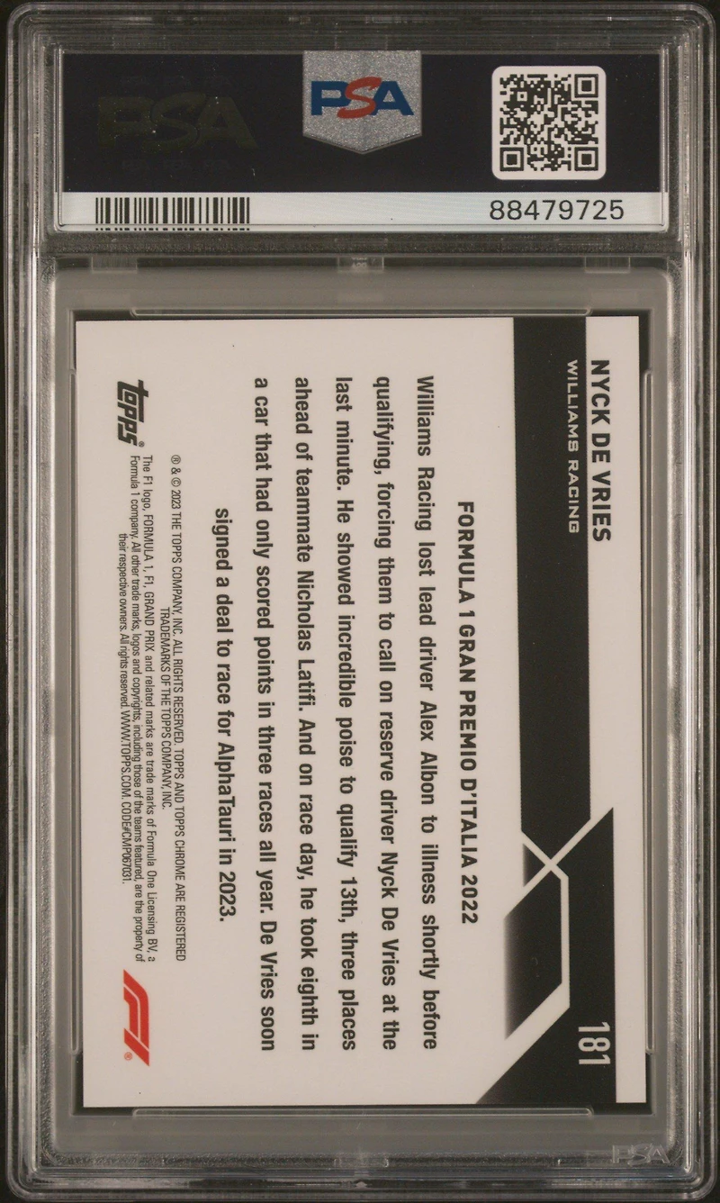 2023 Topps Chrome Formula 1 Sapphire Edition 181 Nyck De Vries Black & White PSA 8