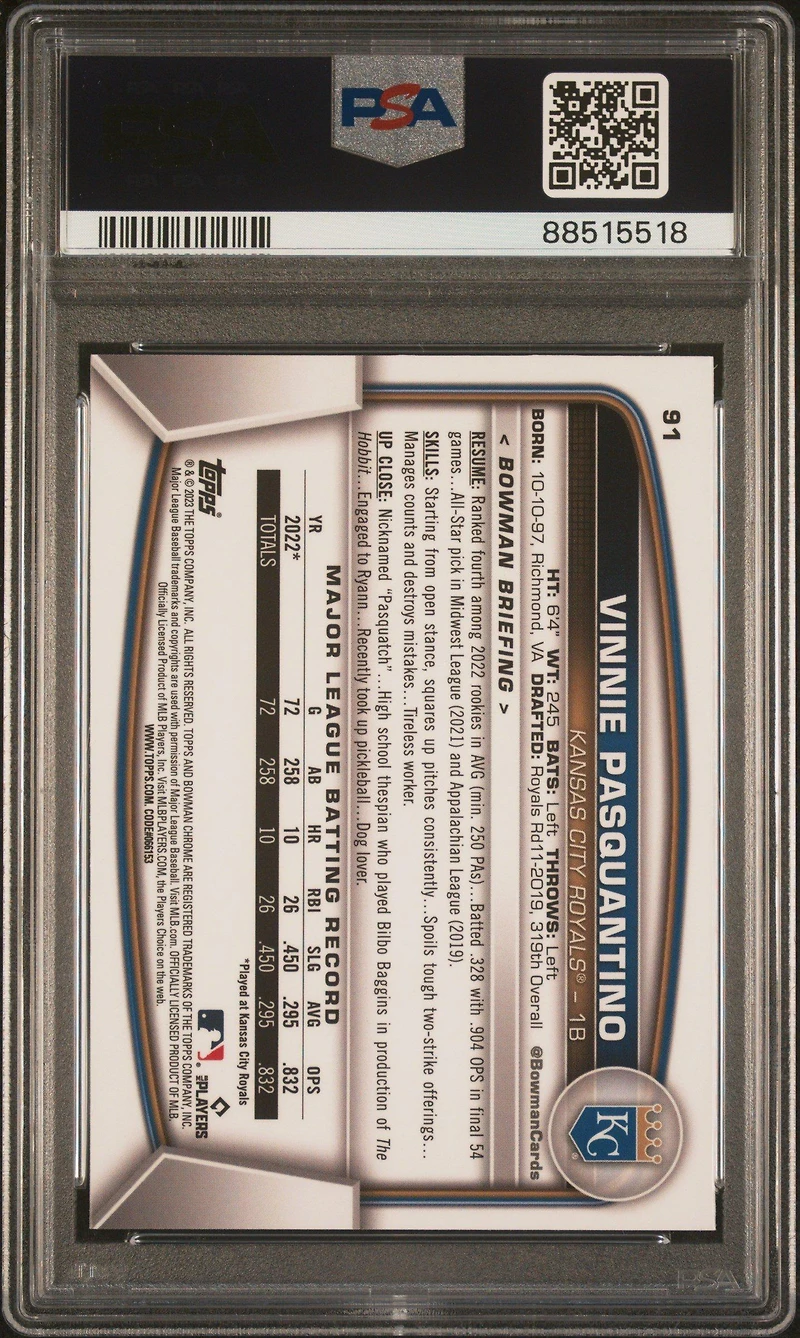 2023 Bowman Chrome Sapphire Edition 91 Vinnie Pasquantino PSA 10