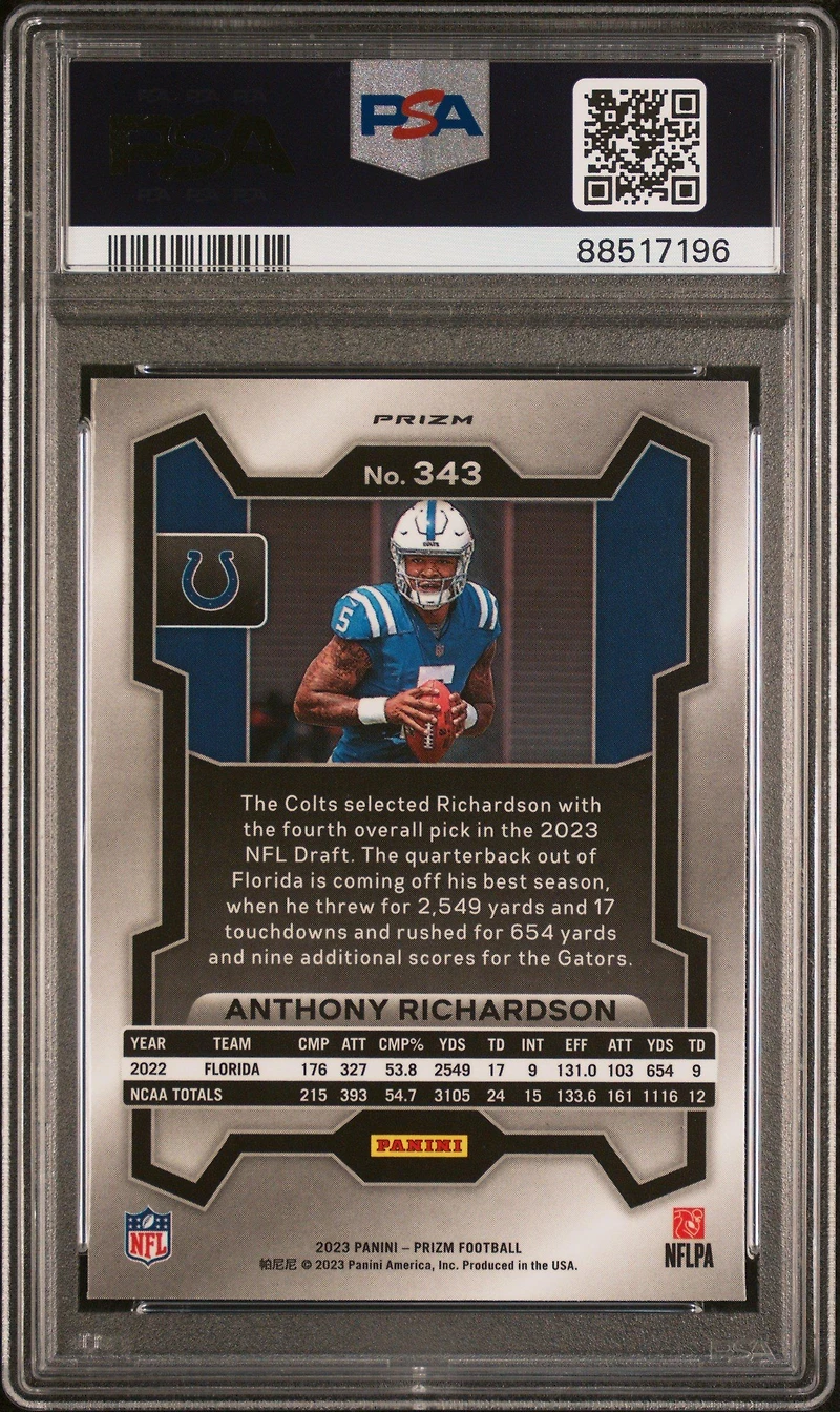 2023 Panini Prizm 343 Anthony Richardson Purple Pulsar PSA 10