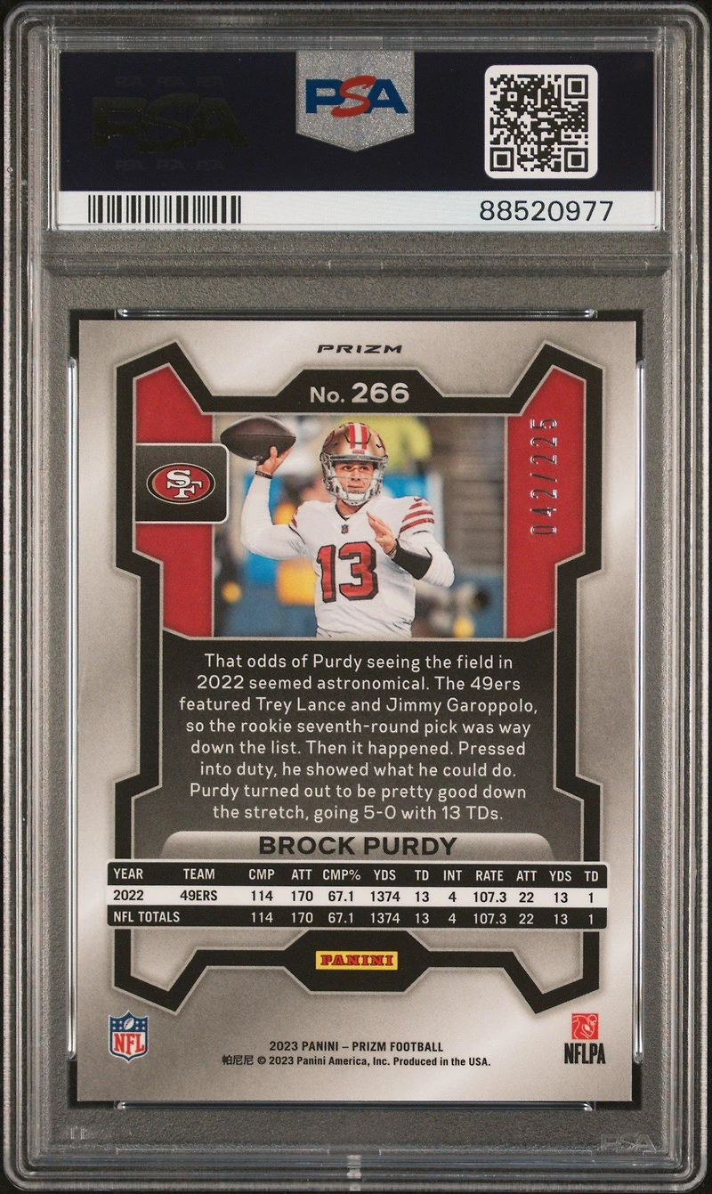 2023 Panini Prizm 266 Brock Purdy Purple Ice PSA 10