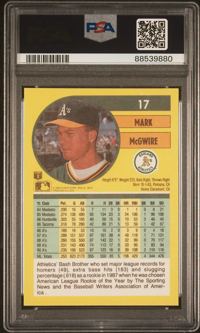 1991 Fleer 17 Mark Mcgwire PSA 10
