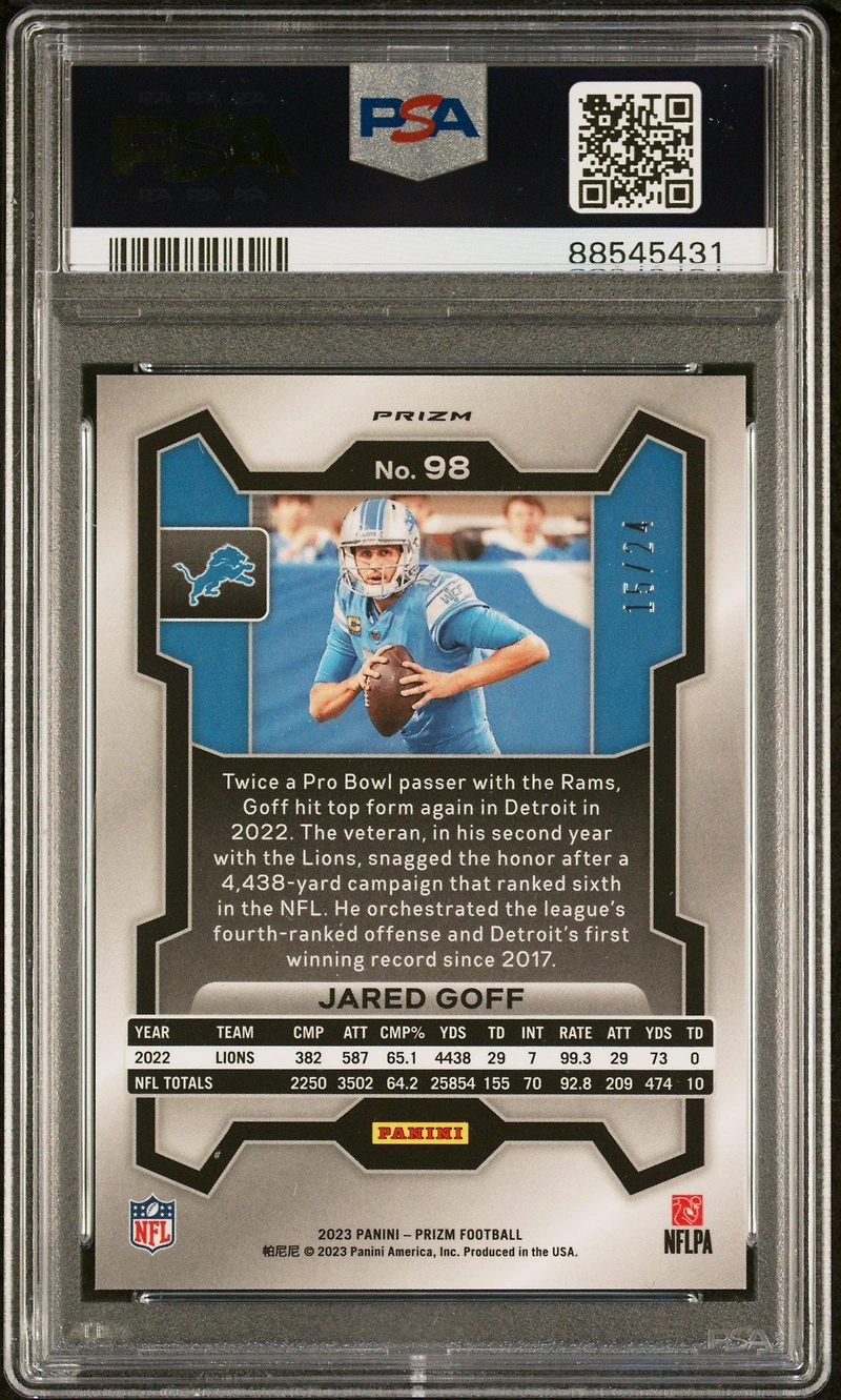 2023 Panini Prizm 98 Jared Goff Gold Sparkle PSA 10