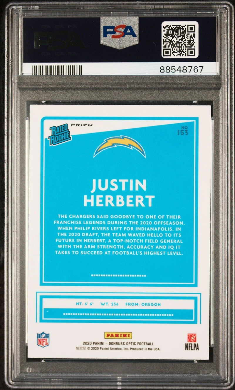 2020 Panini Donruss Optic 153 Justin Herbert Purple Shock PSA 10