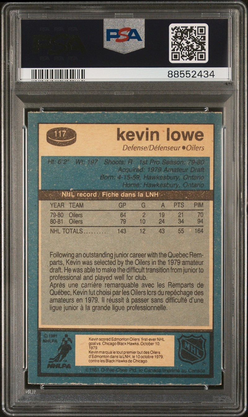 1981 O-pee-chee 117 Kevin Lowe PSA 8