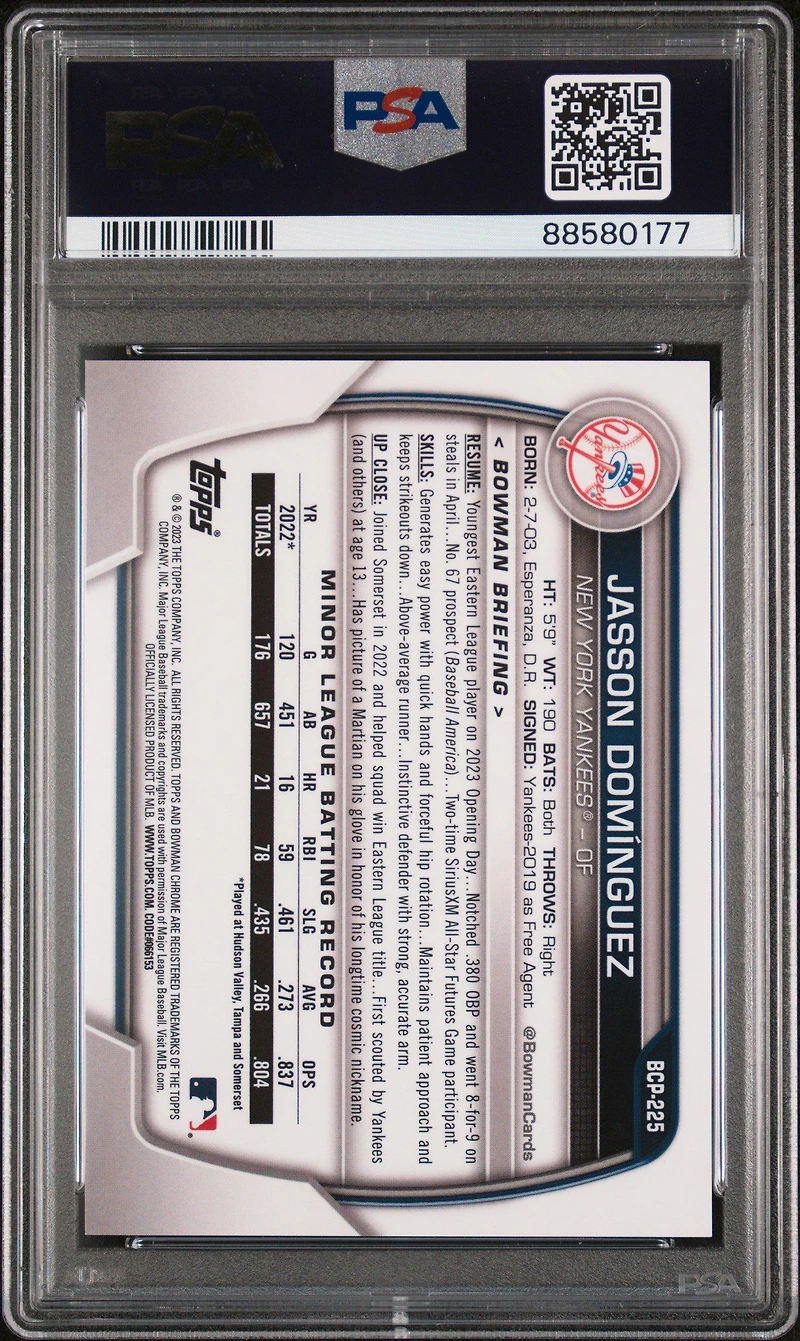 2023 Bowman Chrome Sapphire Edition Prospects 225 Jasson Dominguez Yellow PSA 10