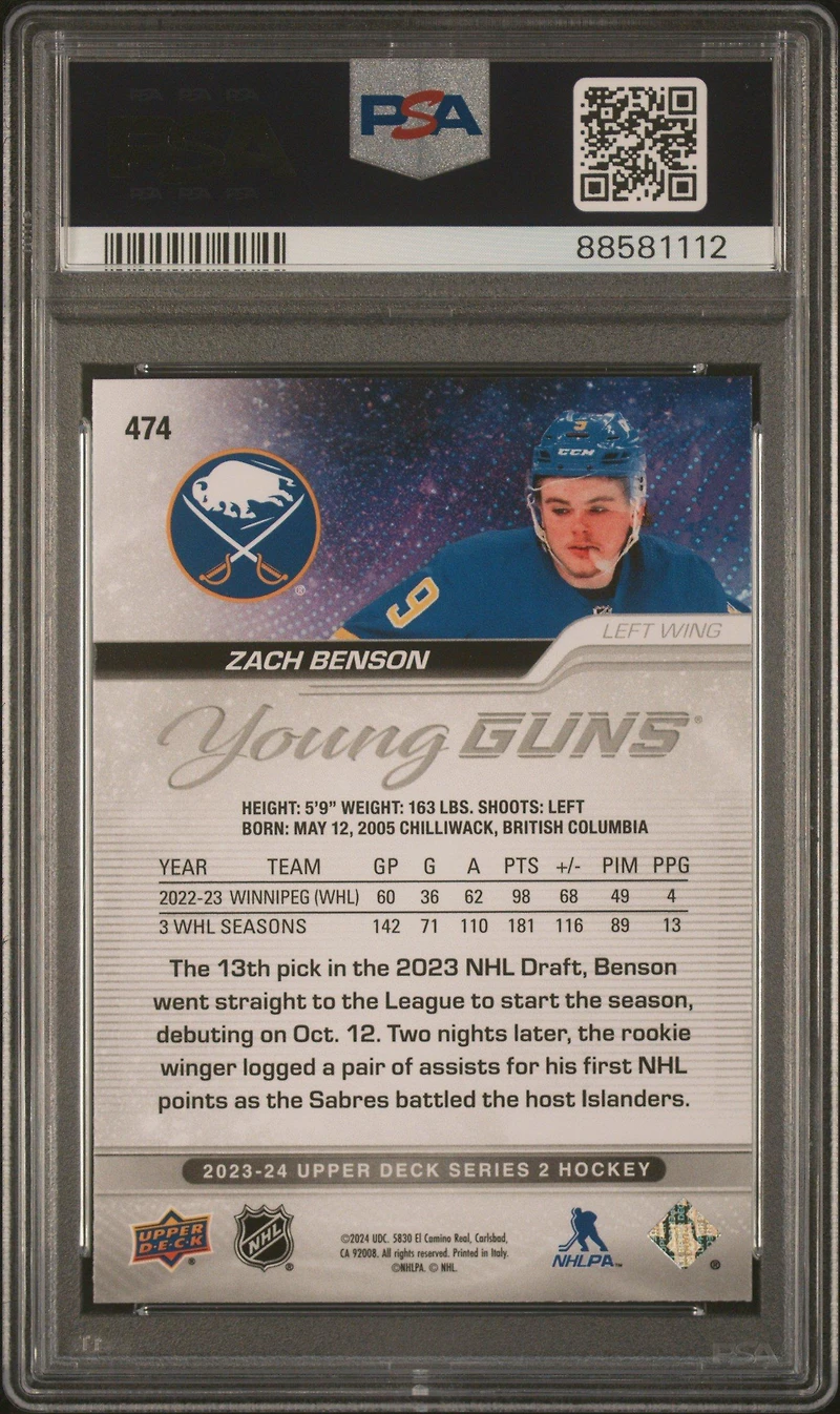 2023 Upper Deck 474 Zach Benson PSA 10