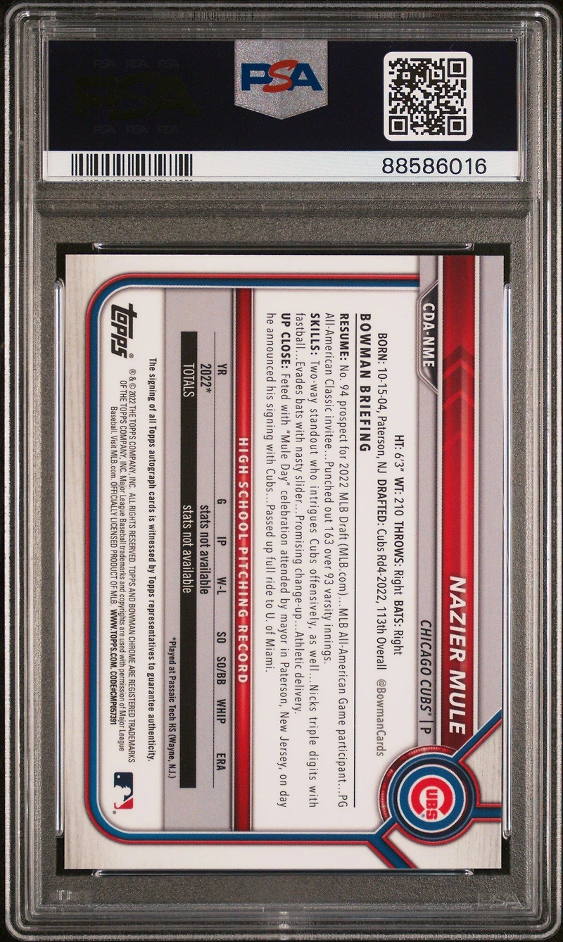 2022 Bowman Draft Chrome Draft Pick Autographs Cdanme Nazier Mule Black Refractor PSA 10