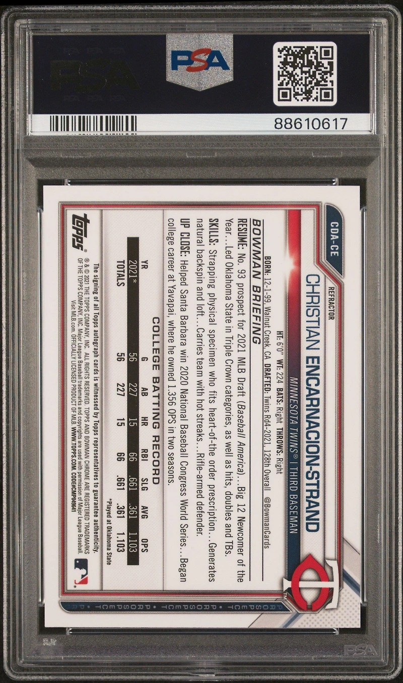 2021 Bowman Draft Chrome Draft Pick Autographs Cdace Christian Encarnacion-strand Refractor PSA 10