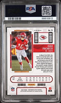 2022 Panini Contenders Optic 75 Isiah Pacheco Blue PSA 9