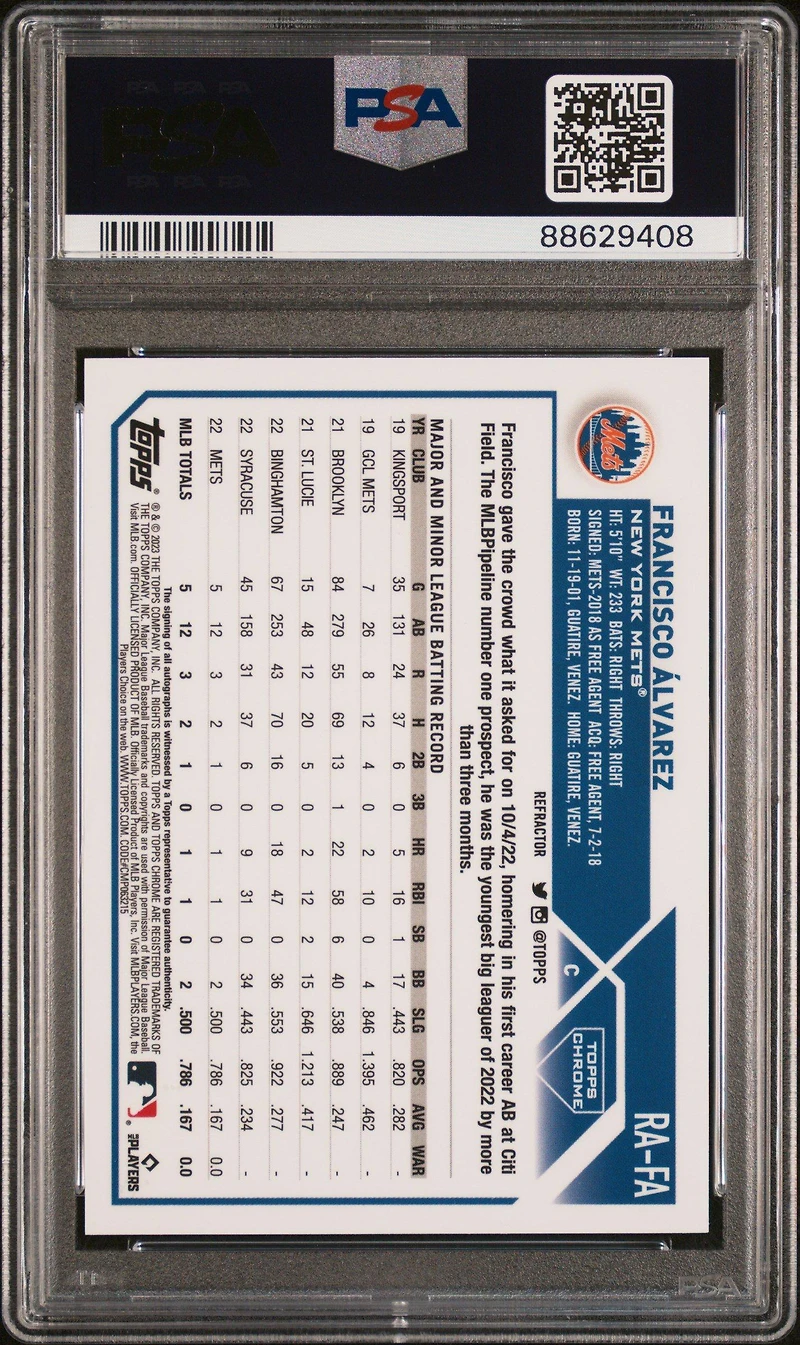 2023 Topps Chrome Rookie Autograph Rafa Francisco Alvarez Refractor PSA 10