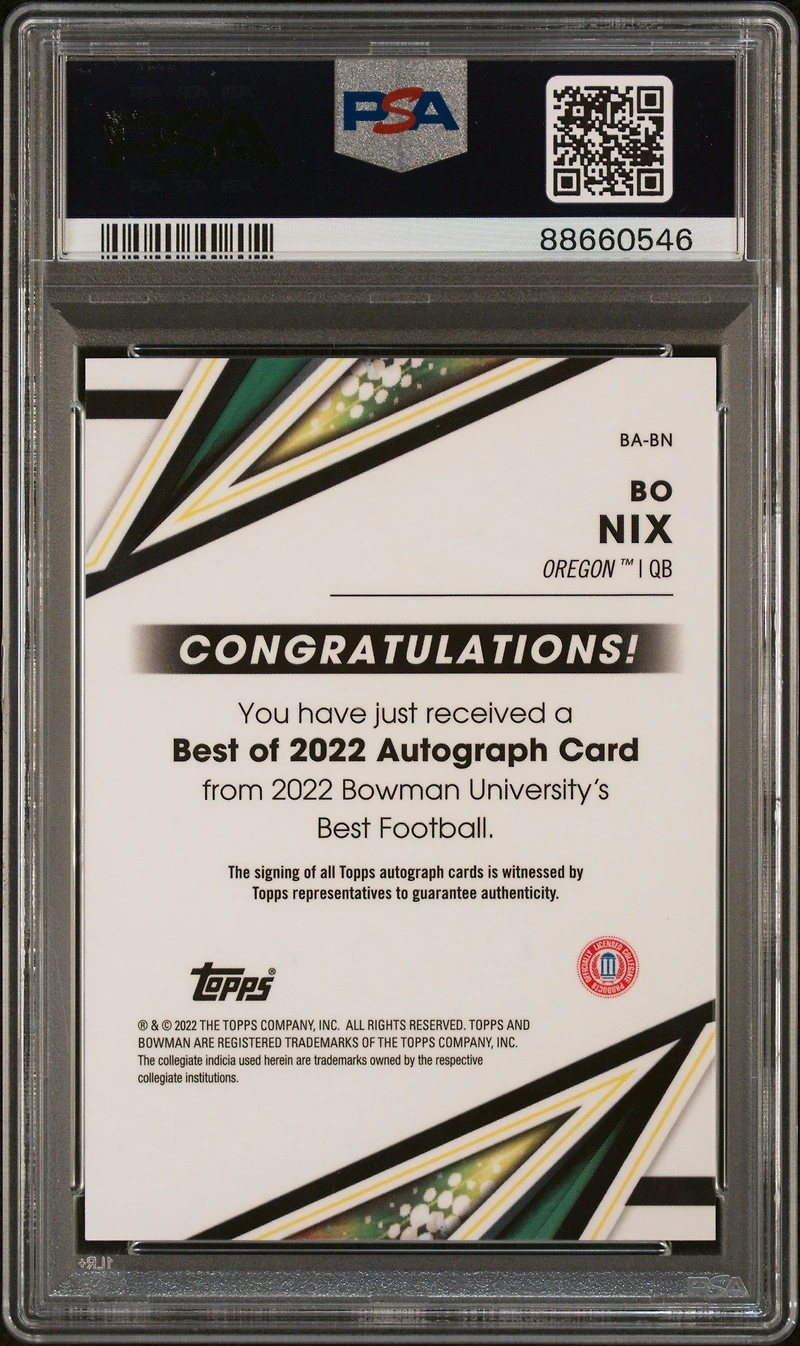 2022 Bowman's Best University Best Of 2022 Autographs Babn Bo Nix PSA 10