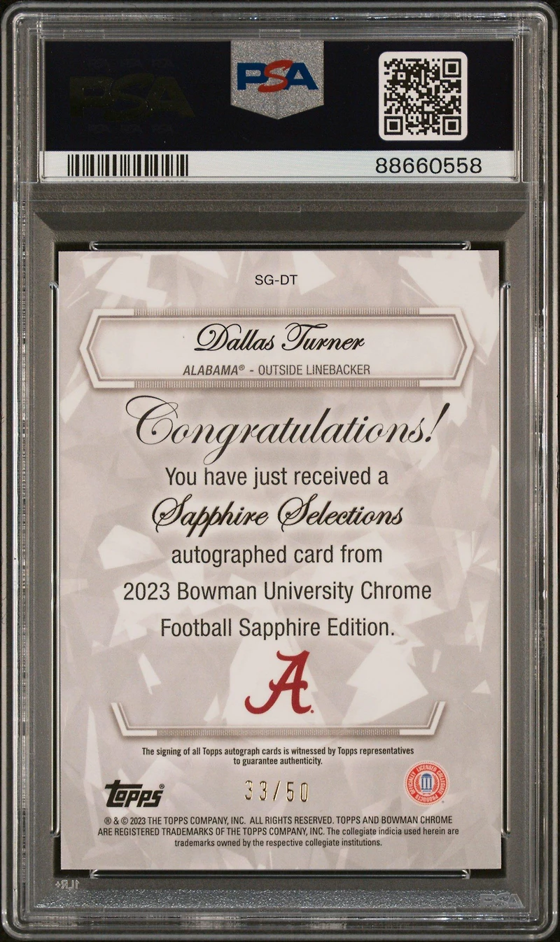 2023 Bowman University Chrome Sapphire Sapphire Selections Autograph Sgdt Dallas Turner PSA 10