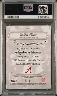 2023 Bowman University Chrome Sapphire Sapphire Selections Autograph Sgdt Dallas Turner PSA 10