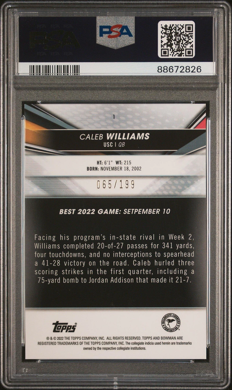 2022 Bowman's Best University 1 Caleb Williams Aqua Lava Refractor PSA 10