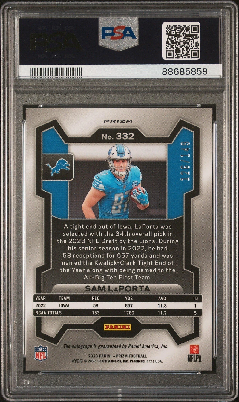 2023 Panini Prizm 332 Sam Laporta Autograph-red Wave PSA 10