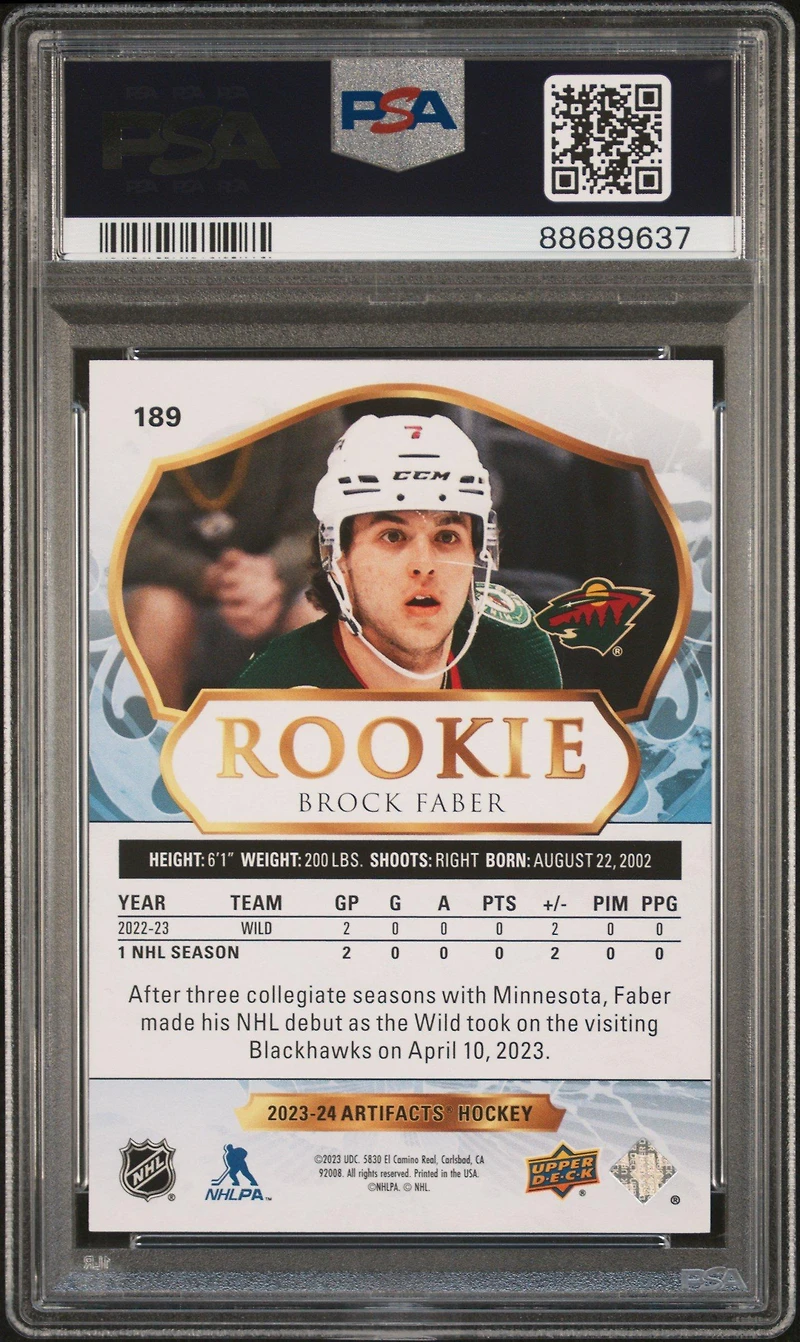 2023 Upper Deck Artifacts 189 Brock Faber Royal Blue PSA 10