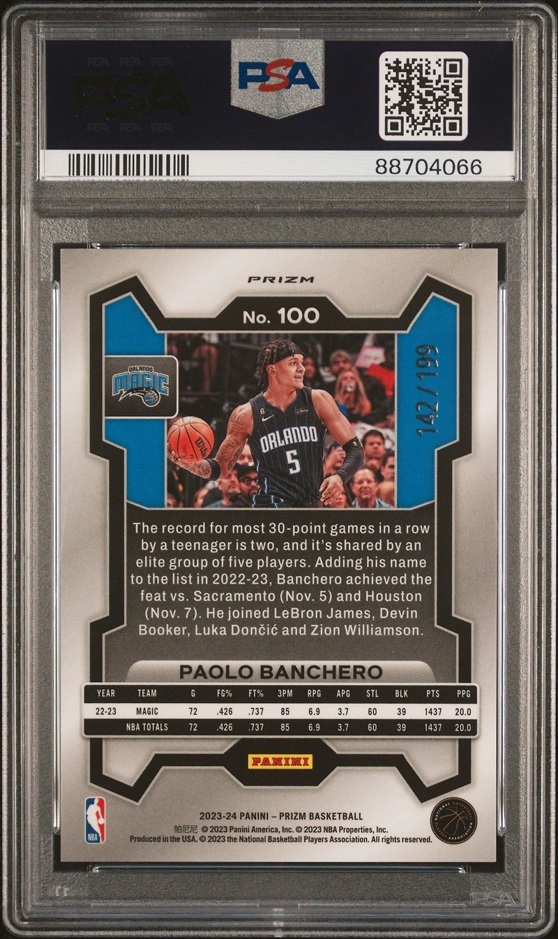2023 Panini Prizm 100 Paolo Banchero Blue Prizm PSA 10