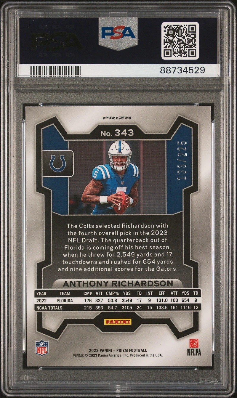 2023 Panini Prizm 343 Anthony Richardson Purple Ice PSA 10