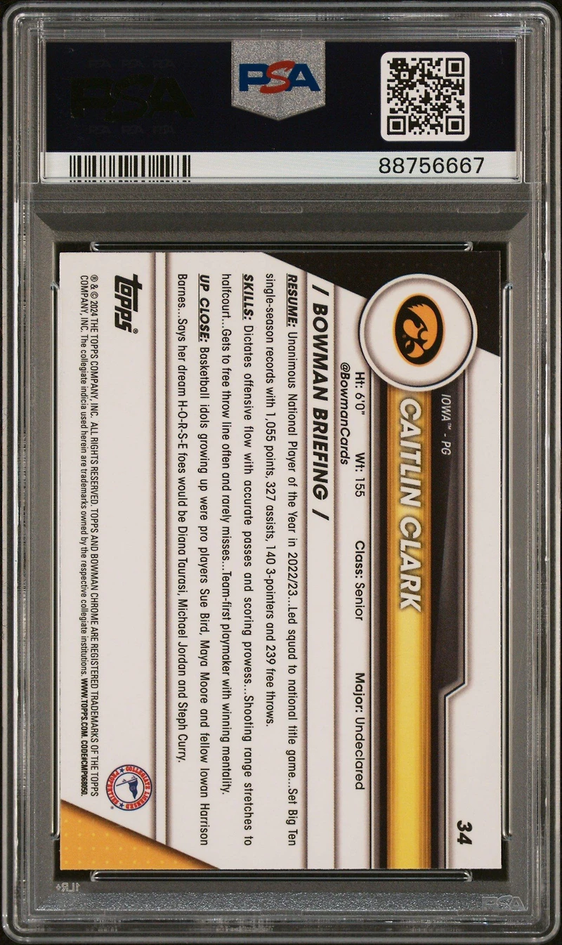 2023 Bowman University Chrome 34 Caitlin Clark X-fractor PSA 10