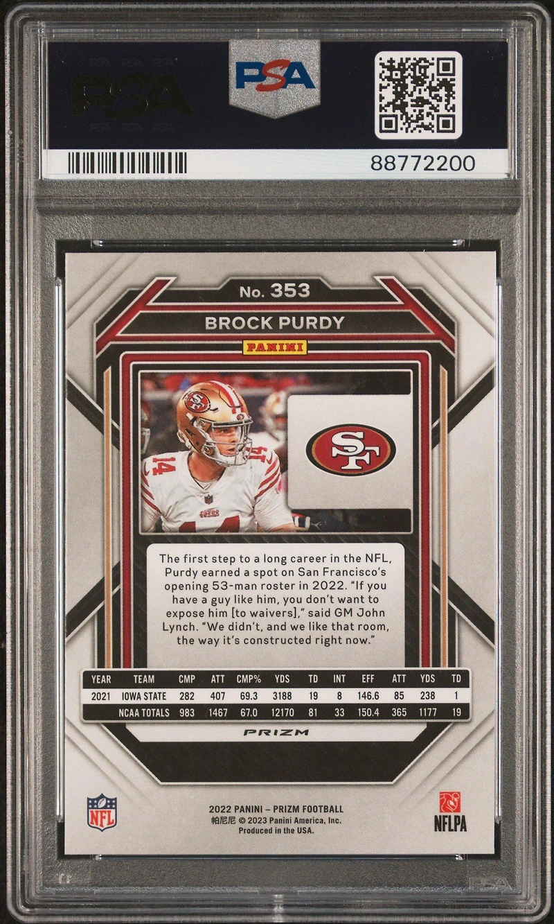 2022 Panini Prizm 353 Brock Purdy Orange Ice PSA 10