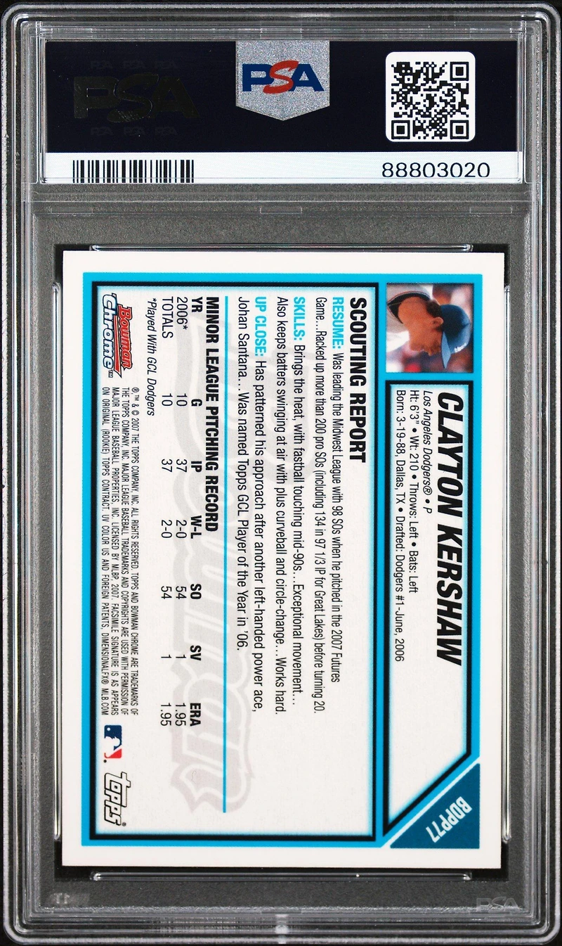 2007 Bowman Chrome Draft Picks & Prospects Bdpp77 Clayton Kershaw PSA 8