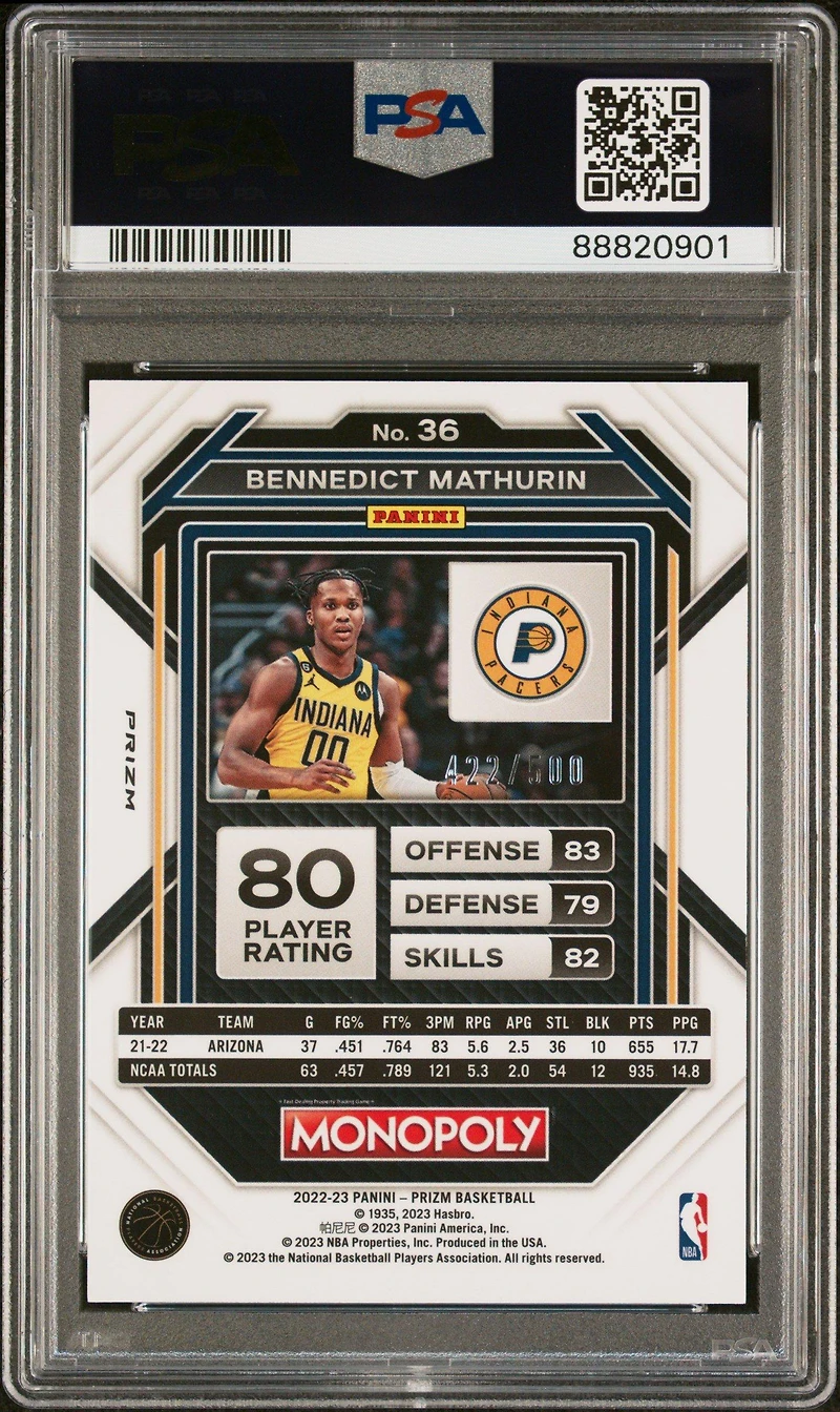 2022 Panini Prizm Monopoly 36 Bennedict Mathurin PSA 9