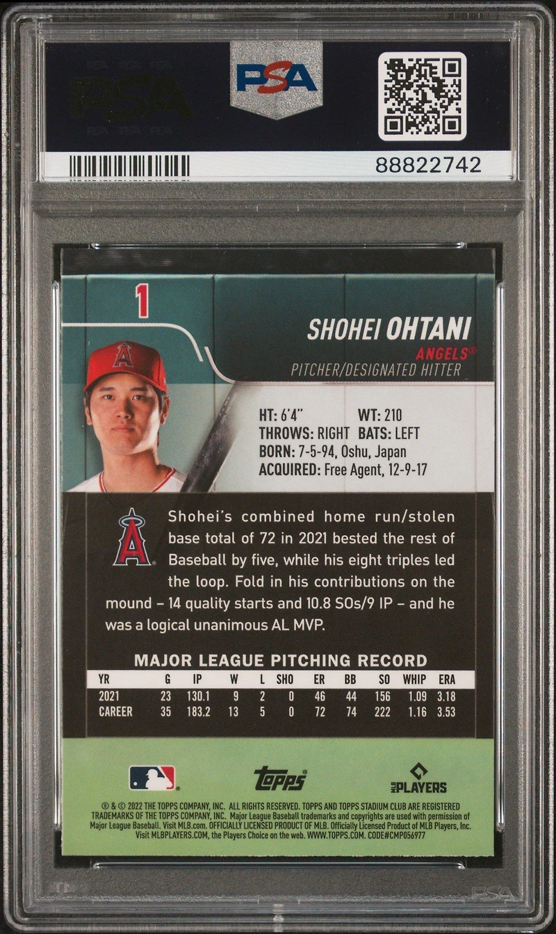 2022 Topps Stadium Club Chrome 1 Shohei Ohtani PSA 10