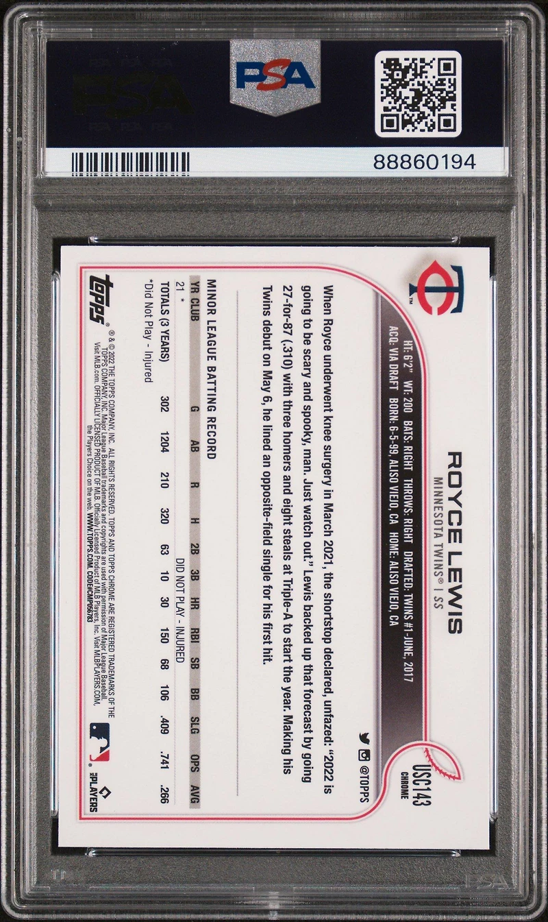 2022 Topps Chrome Update Usc143 Royce Lewis Purple Refractor PSA 10