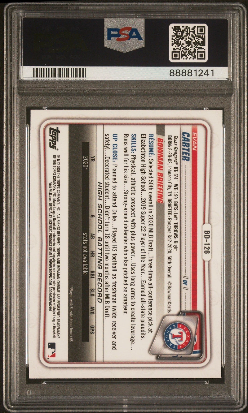 2020 Bowman Draft Bd126 Evan Carter Chrome PSA 10