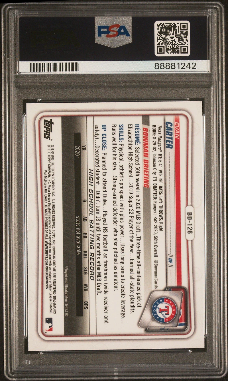 2020 Bowman Draft Bd126 Evan Carter PSA 10