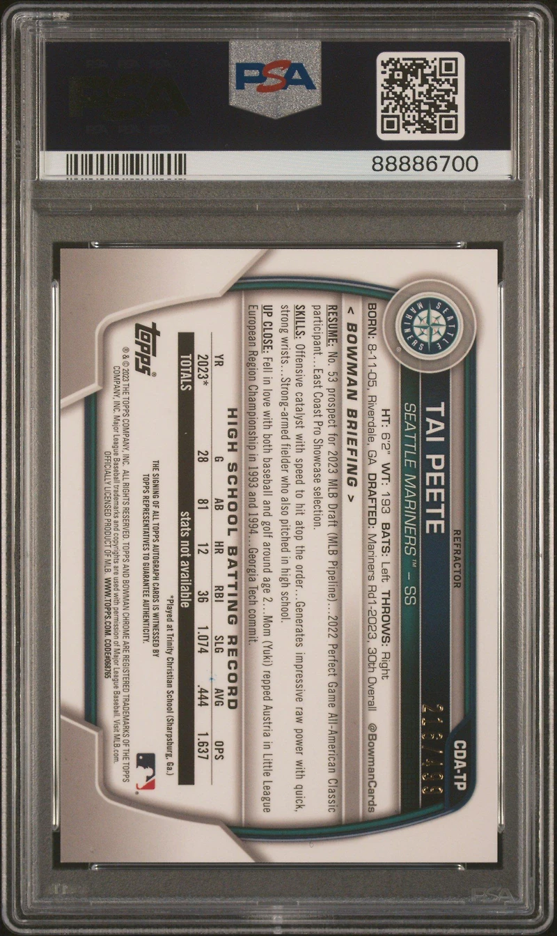 2023 Bowman Draft Chrome Prospect Autograph Cdatp Tai Peete Refractor PSA