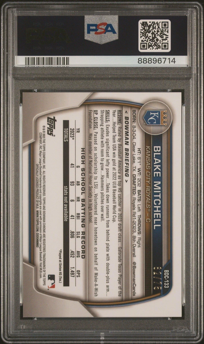 2023 Bowman Draft Sapphire Edition Bdc133 Blake Mitchell Yellow PSA 9
