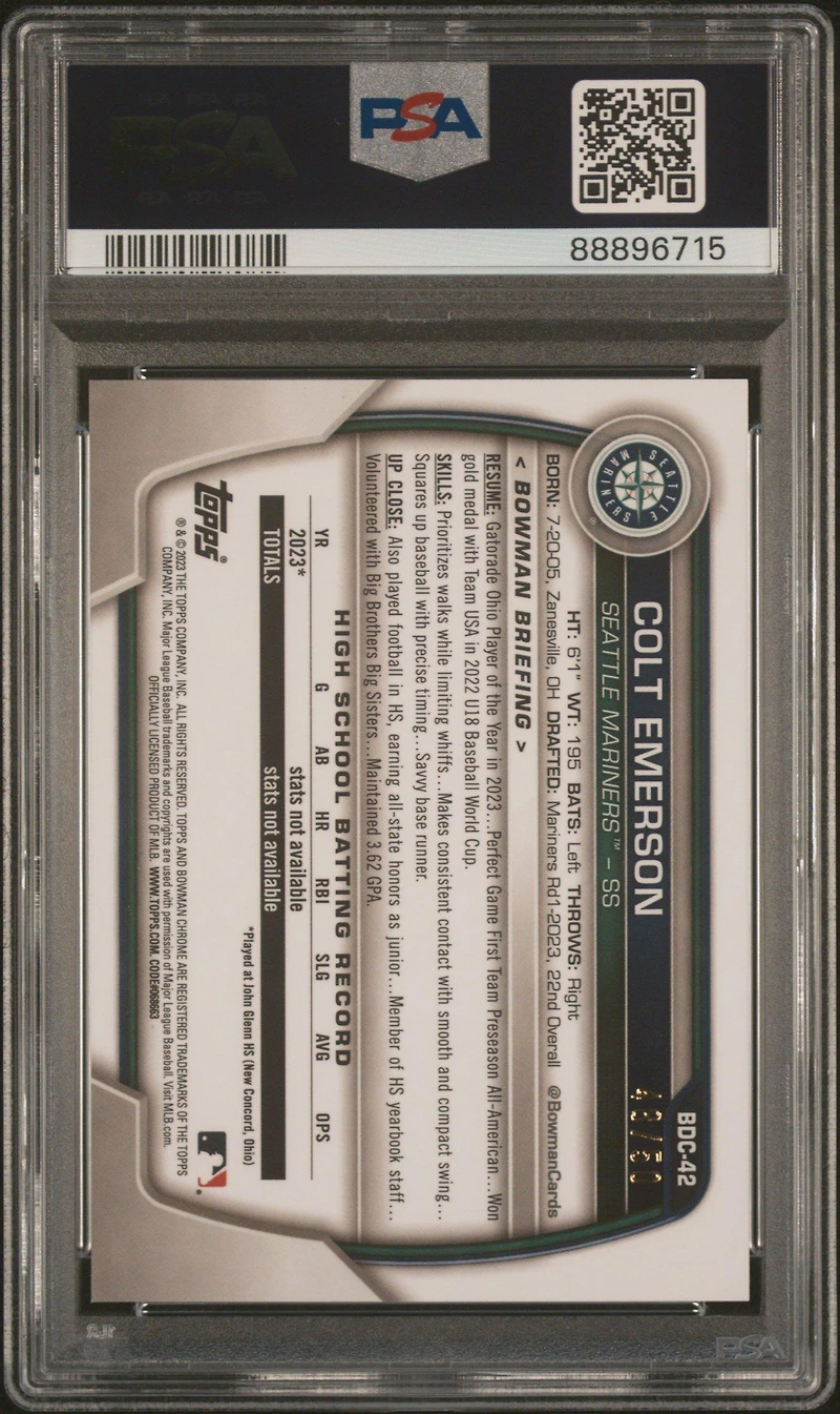 2023 Bowman Draft Sapphire Edition Bdc42 Colt Emerson Gold PSA 10