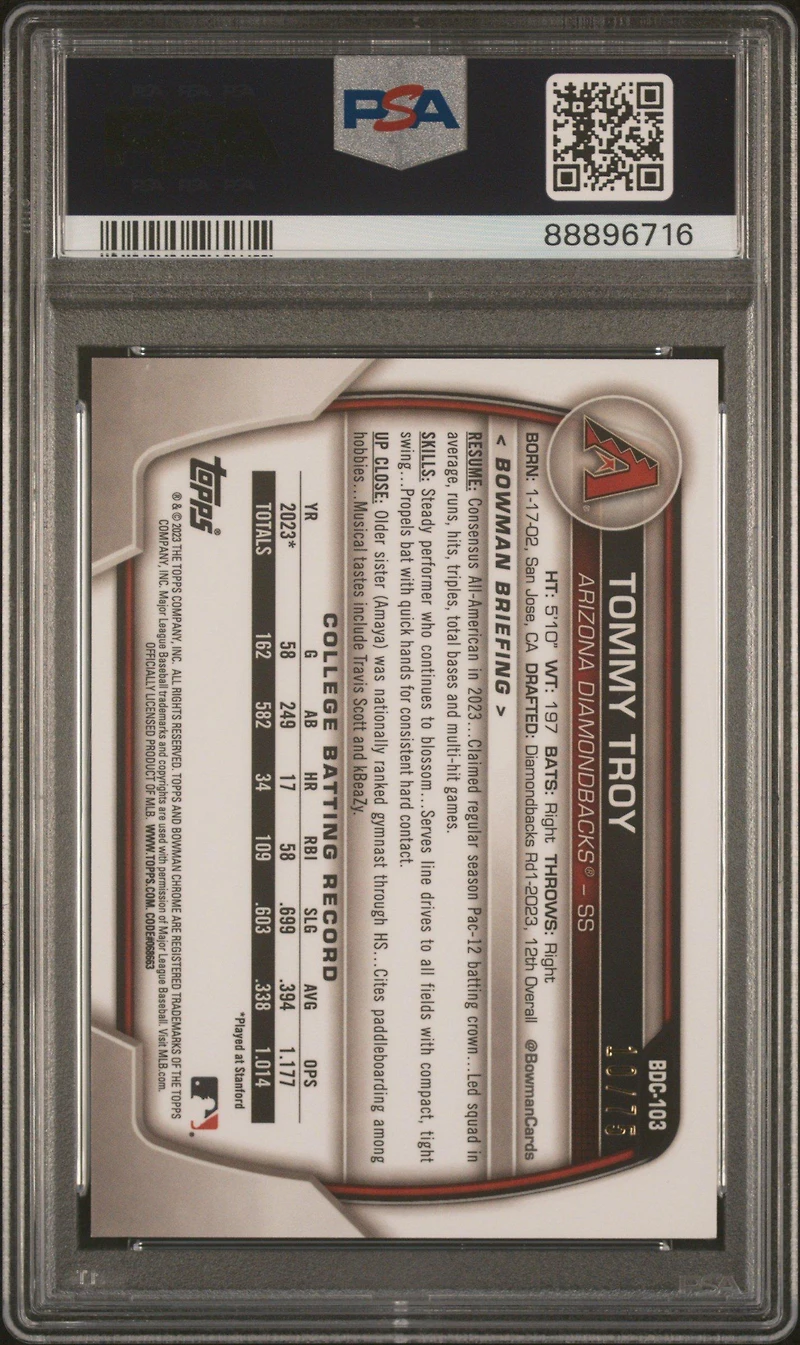2023 Bowman Draft Sapphire Edition Bdc103 Tommy Troy Yellow PSA 10