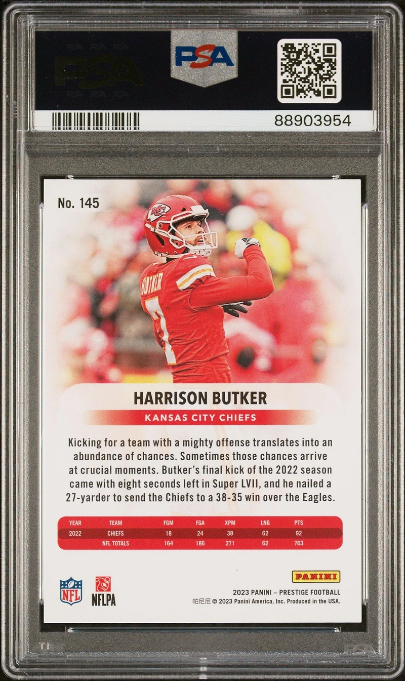 2023 Panini Prestige 145 Harrison Butker Orange Xtra Points PSA 10