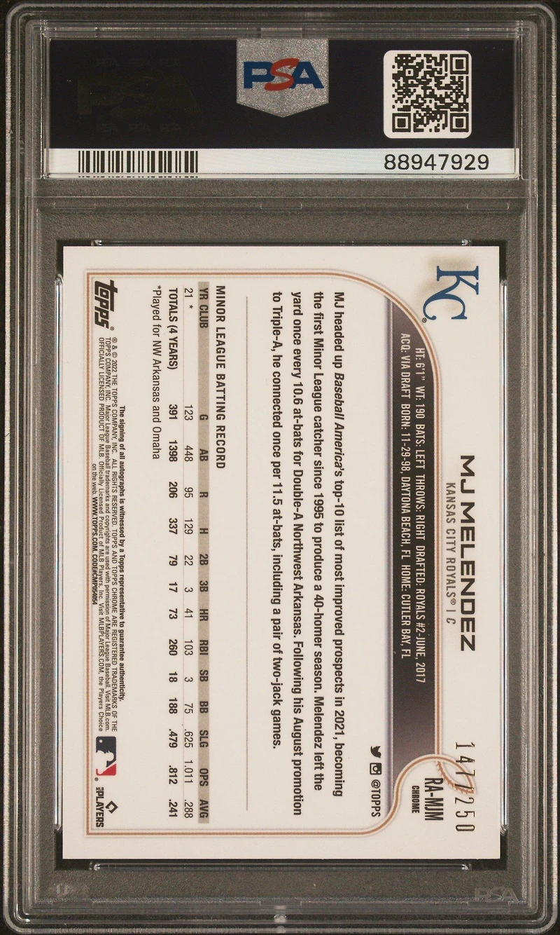2022 Topps Chrome Rookie Autographs Ramjm Mj Melendez Purple Refractor PSA 10