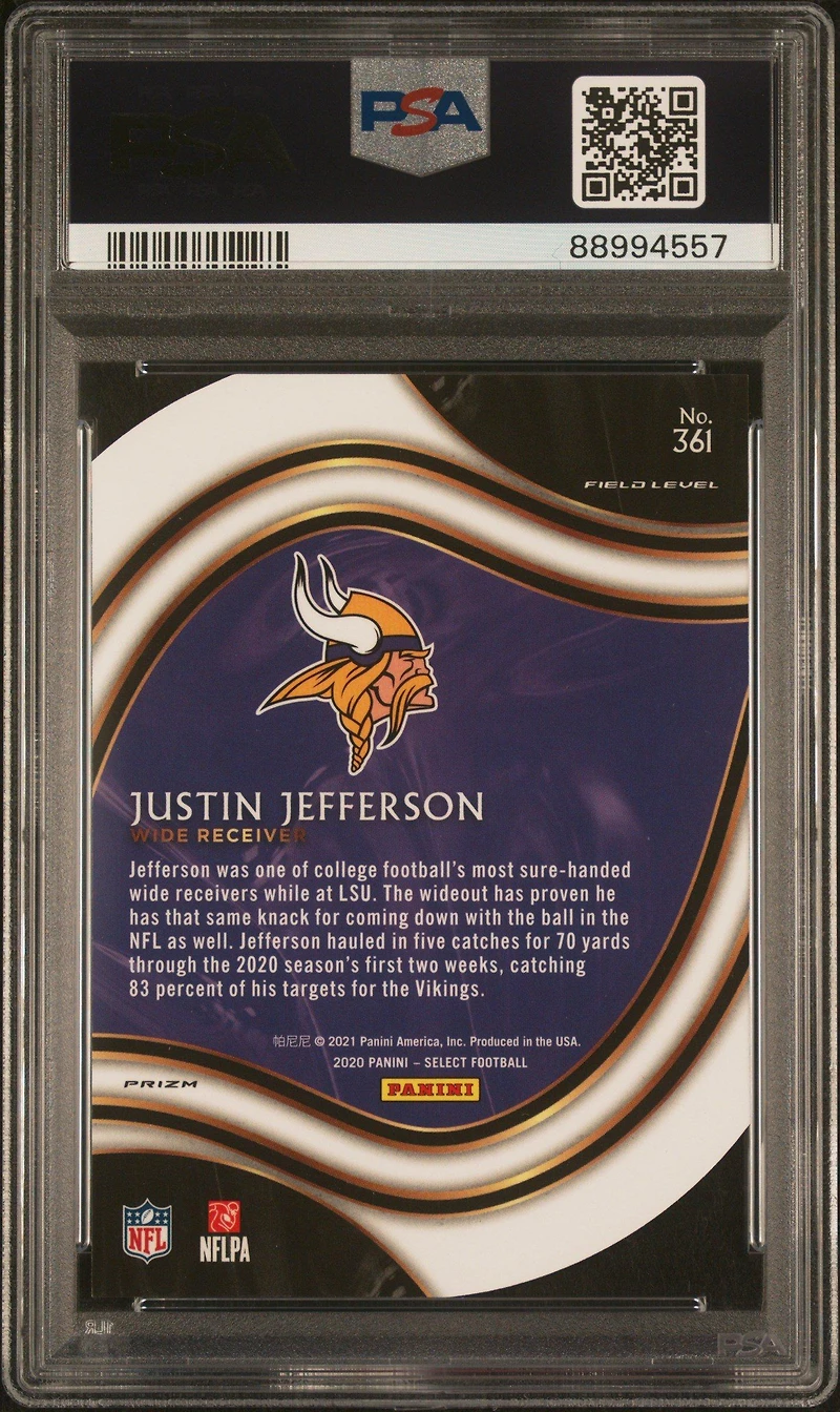 2020 Panini Select 361 Justin Jefferson Die-cut Purple Prizm PSA 10