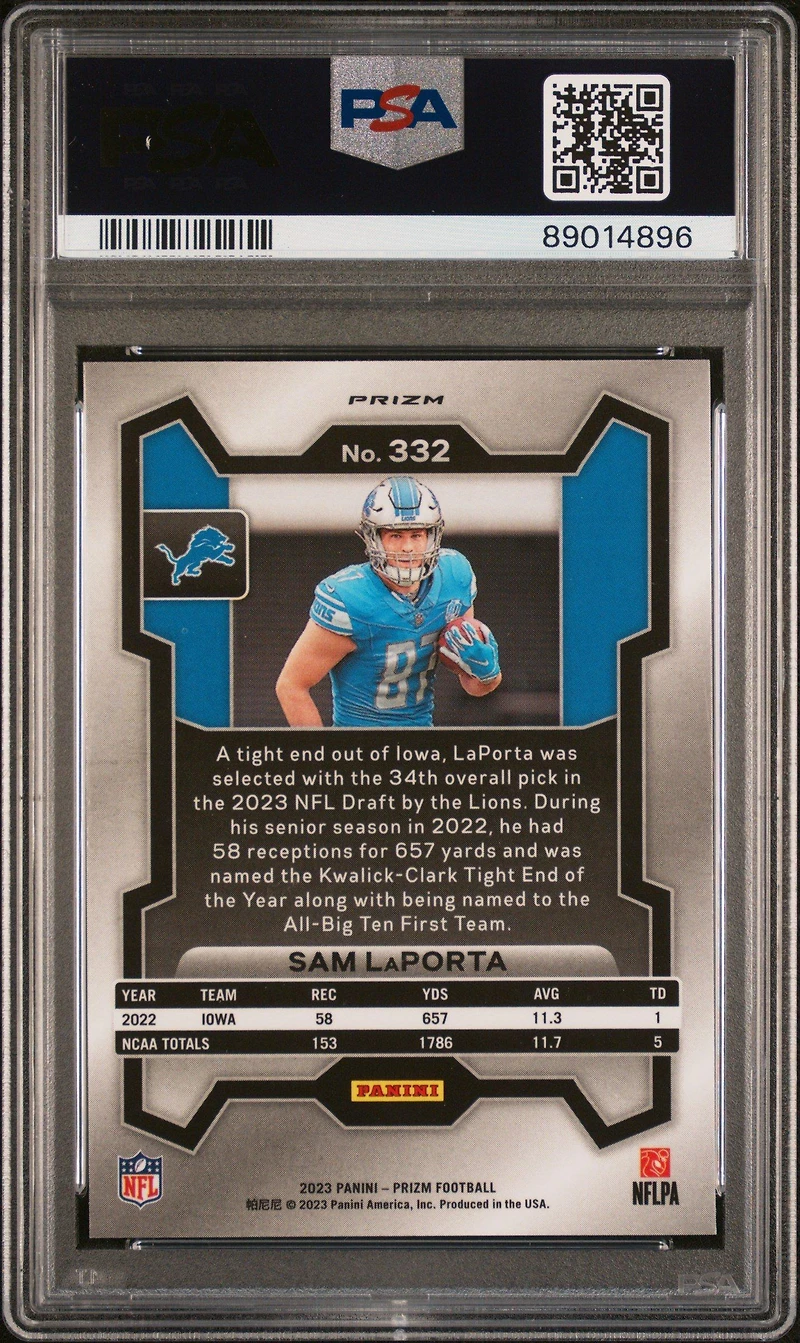 2023 Panini Prizm 332 Sam Laporta Neon Green Pulsar PSA 10