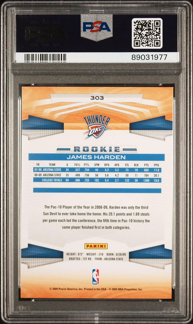 2009 Panini 303 James Harden PSA 10