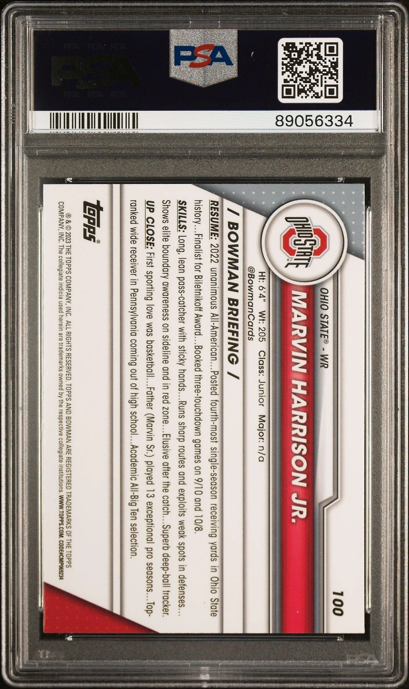 2023 Bowman University Chrome Sapphire 100 Marvin Harrison Jr. PSA 10