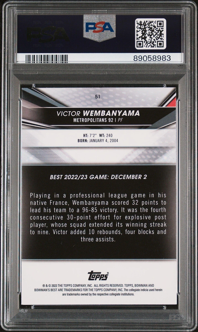 2022 Bowman University Best 51 Victor Wembanyama Speckle Refractor PSA 9