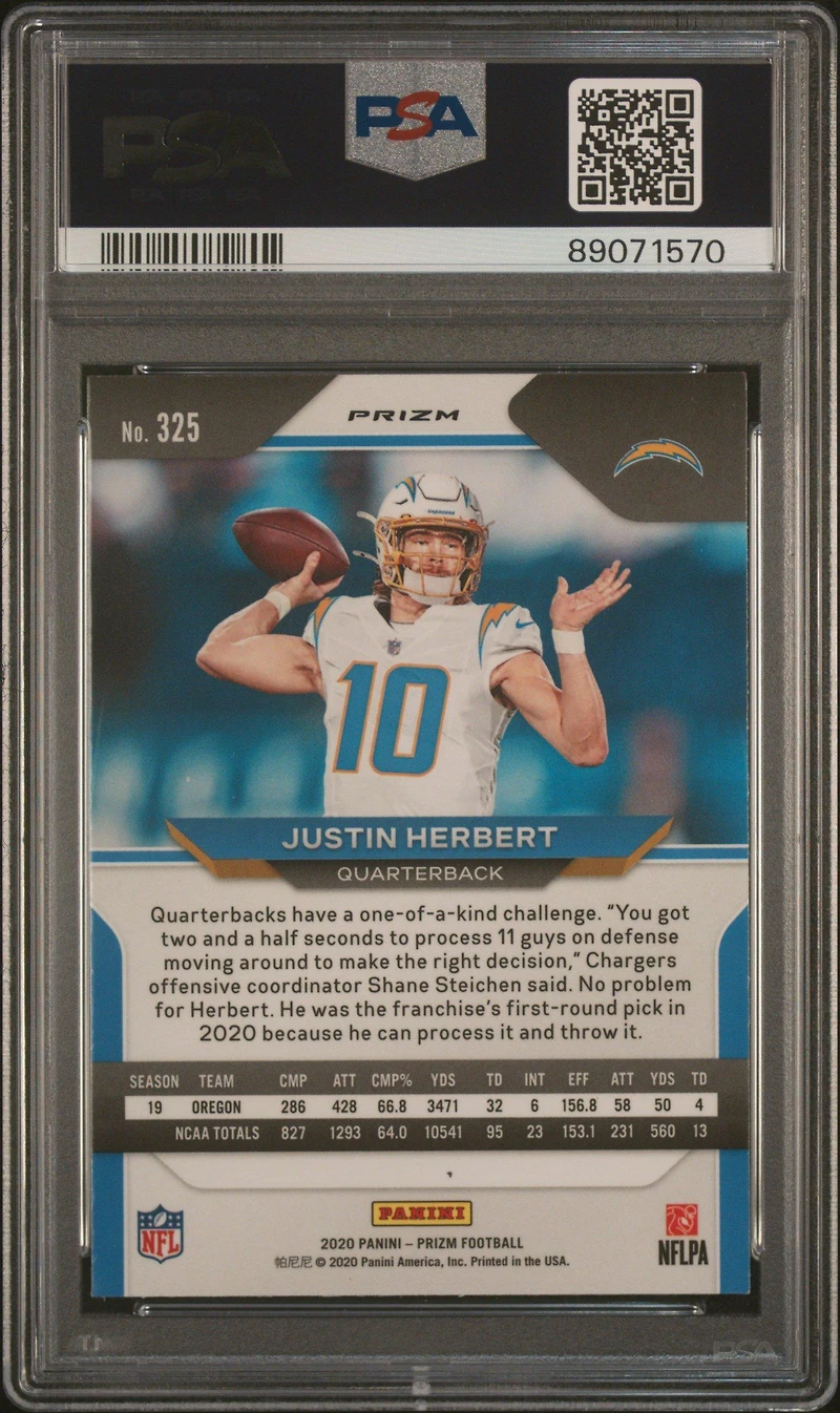 2020 Panini Prizm 325 Justin Herbert Lazer Prizm PSA 9