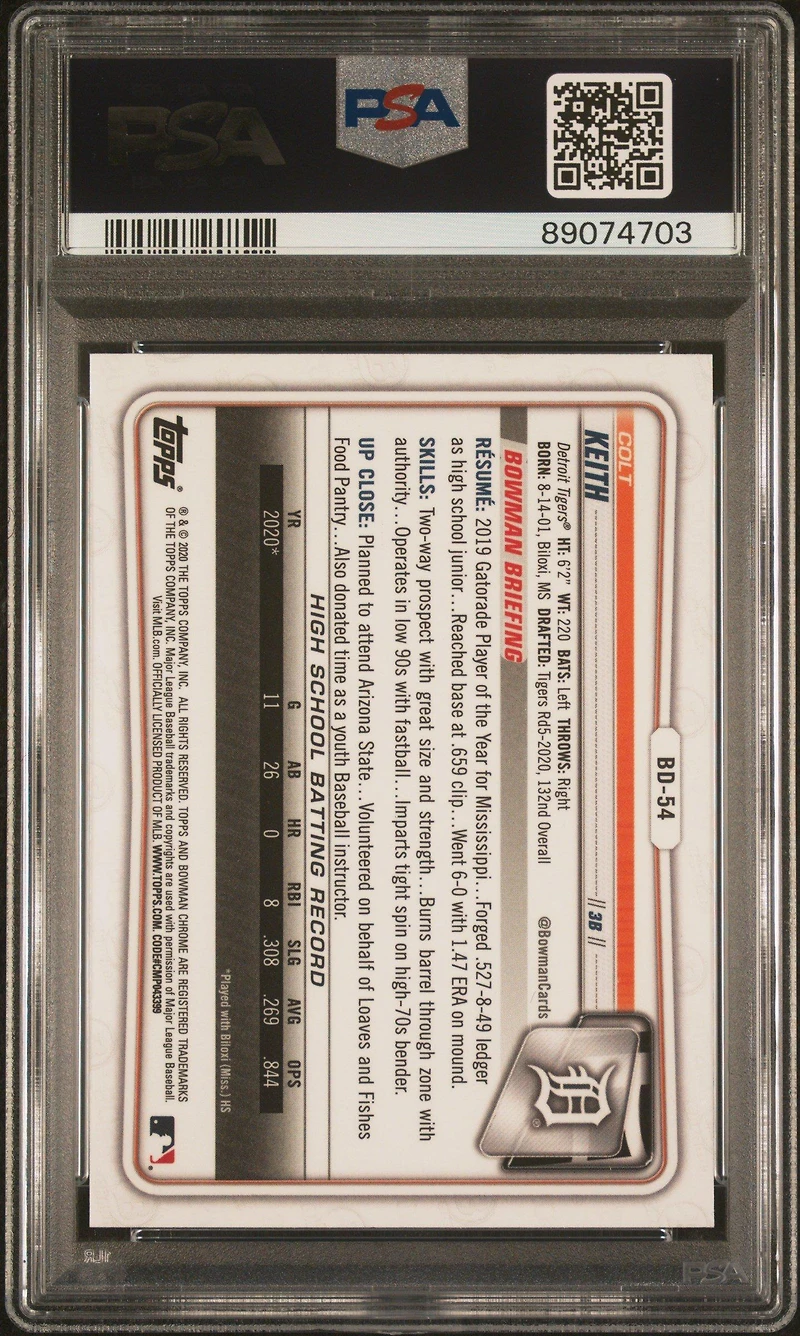 2020 Bowman Draft Chrome Sapphire Edition Bd54 Colt Keith PSA 10
