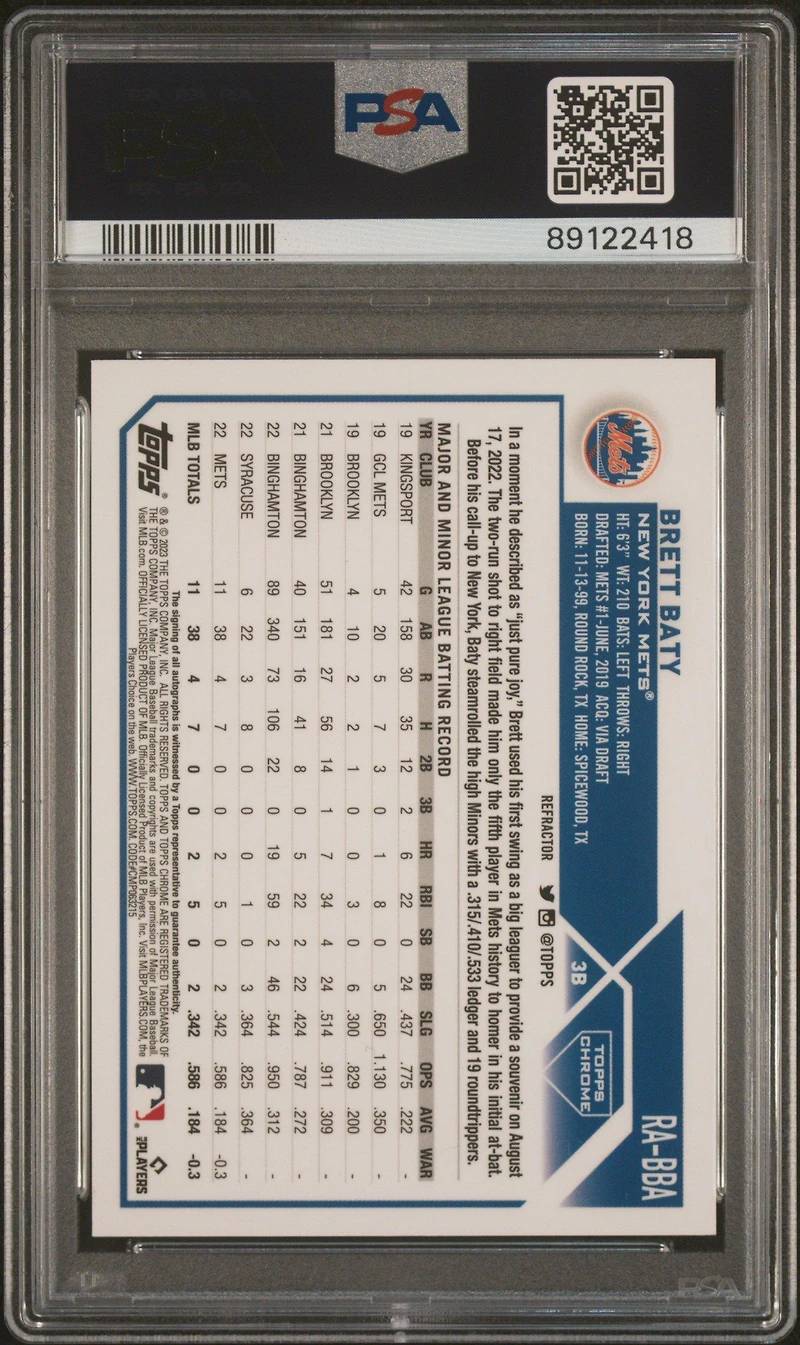 2023 Topps Chrome Rookie Autograph Rabba Brett Baty Refractor PSA 10