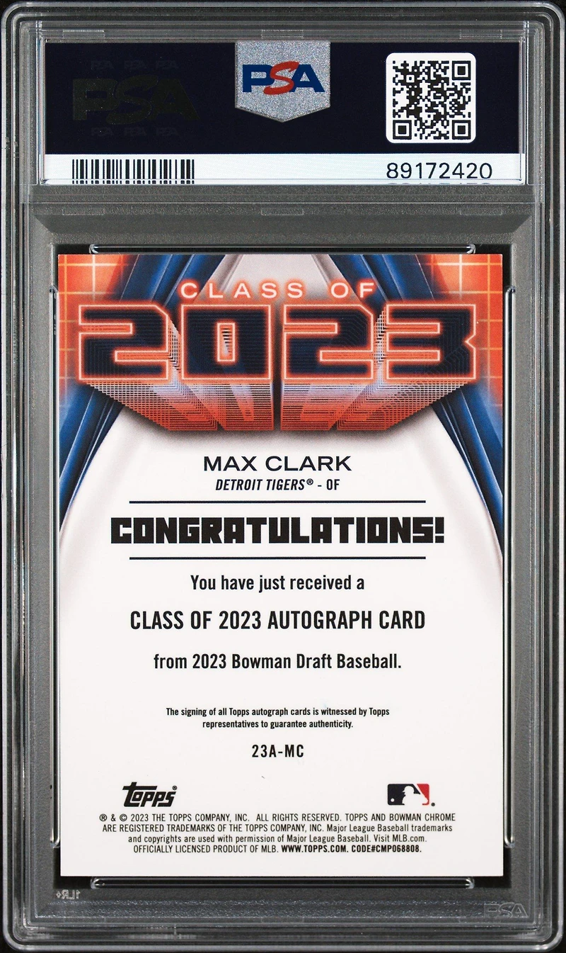 2023 Bowman Draft Class Of 2023 Autograph 23amc Max Clark PSA 10