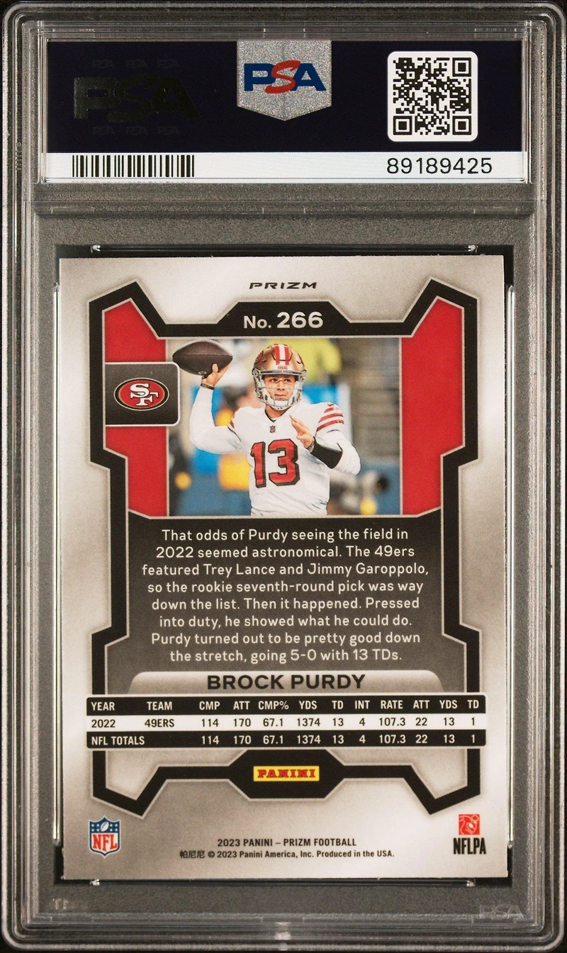 2023 Panini Prizm 266 Brock Purdy Red Sparkle PSA
