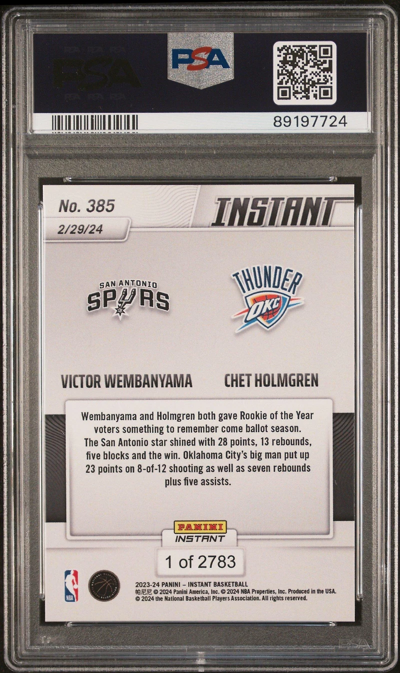 2023 Panini Instant Chet Holmgren\victor Wembanyama PSA 10