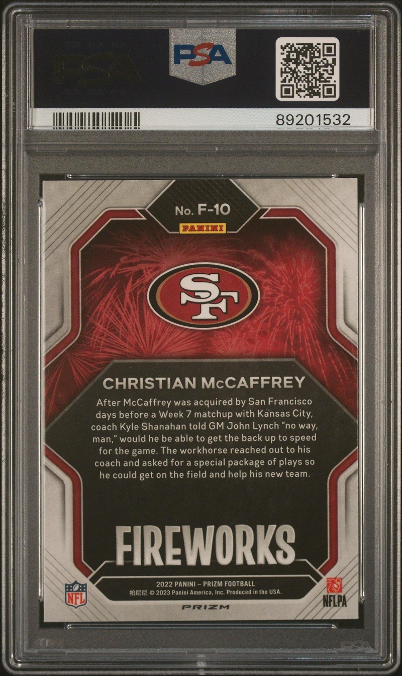 2022 Panini Prizm Fireworks F10 Christian Mccaffrey No Huddle PSA 10