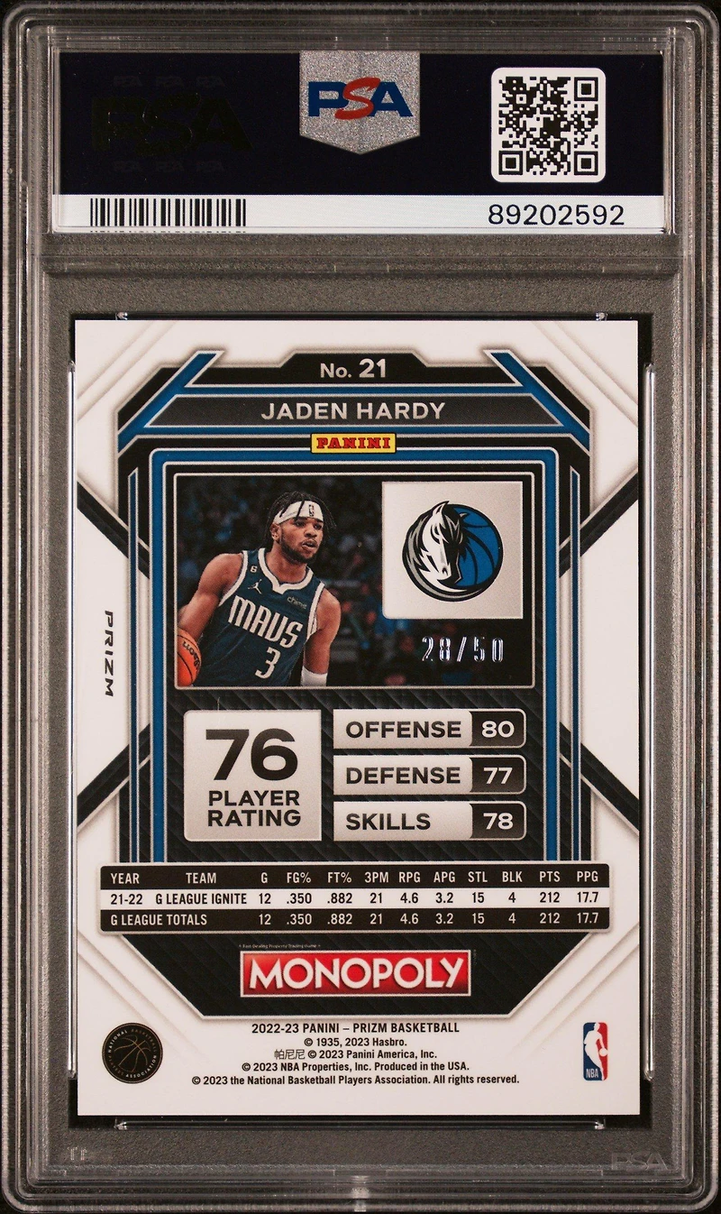 2022 Panini Prizm Monopoly 21 Jaden Hardy Purple Money Shimmer PSA 10