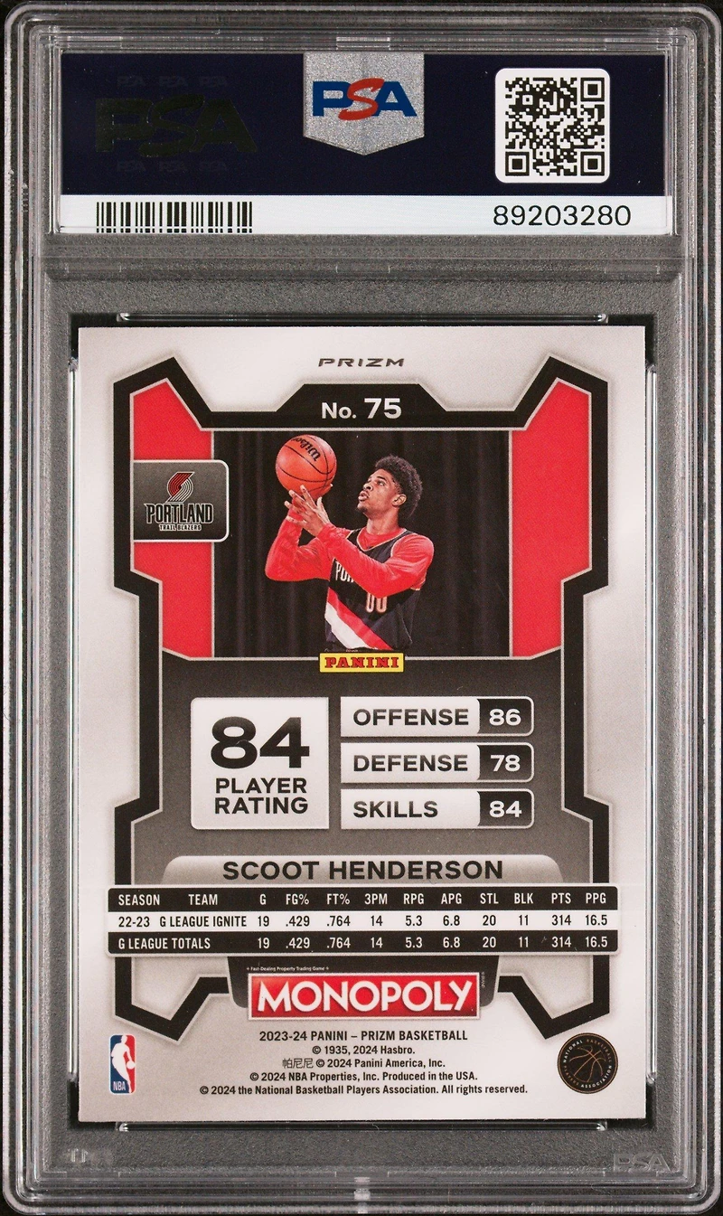 2023 Panini Prizm Monopoly 75 Scoot Henderson Monopoly Man Black And White PSA 10